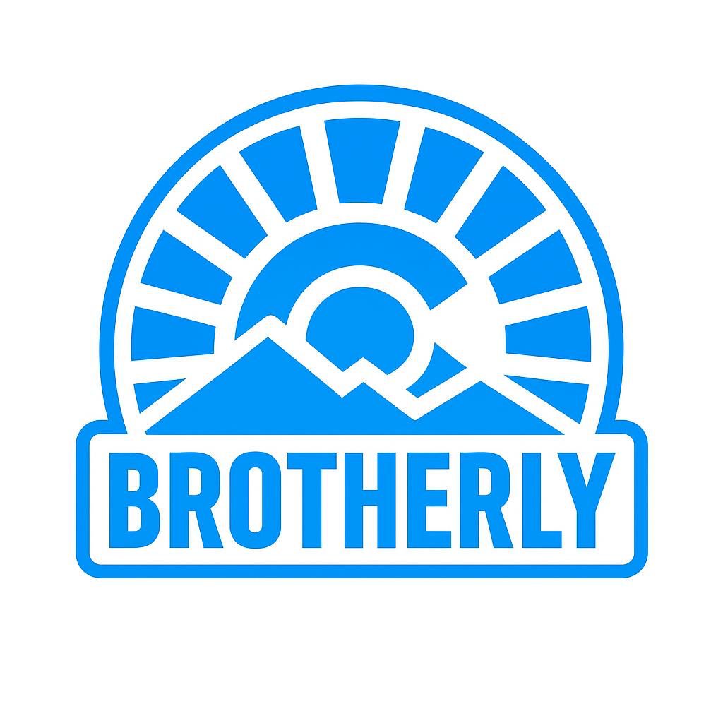Blue BROTHERLY logo with sun rising over mountains