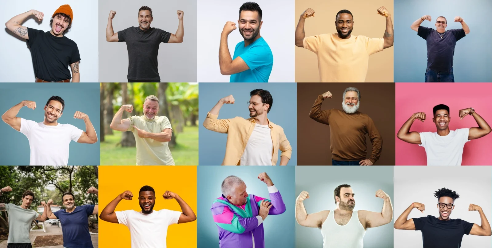 Grid of smiling men flexing their arms