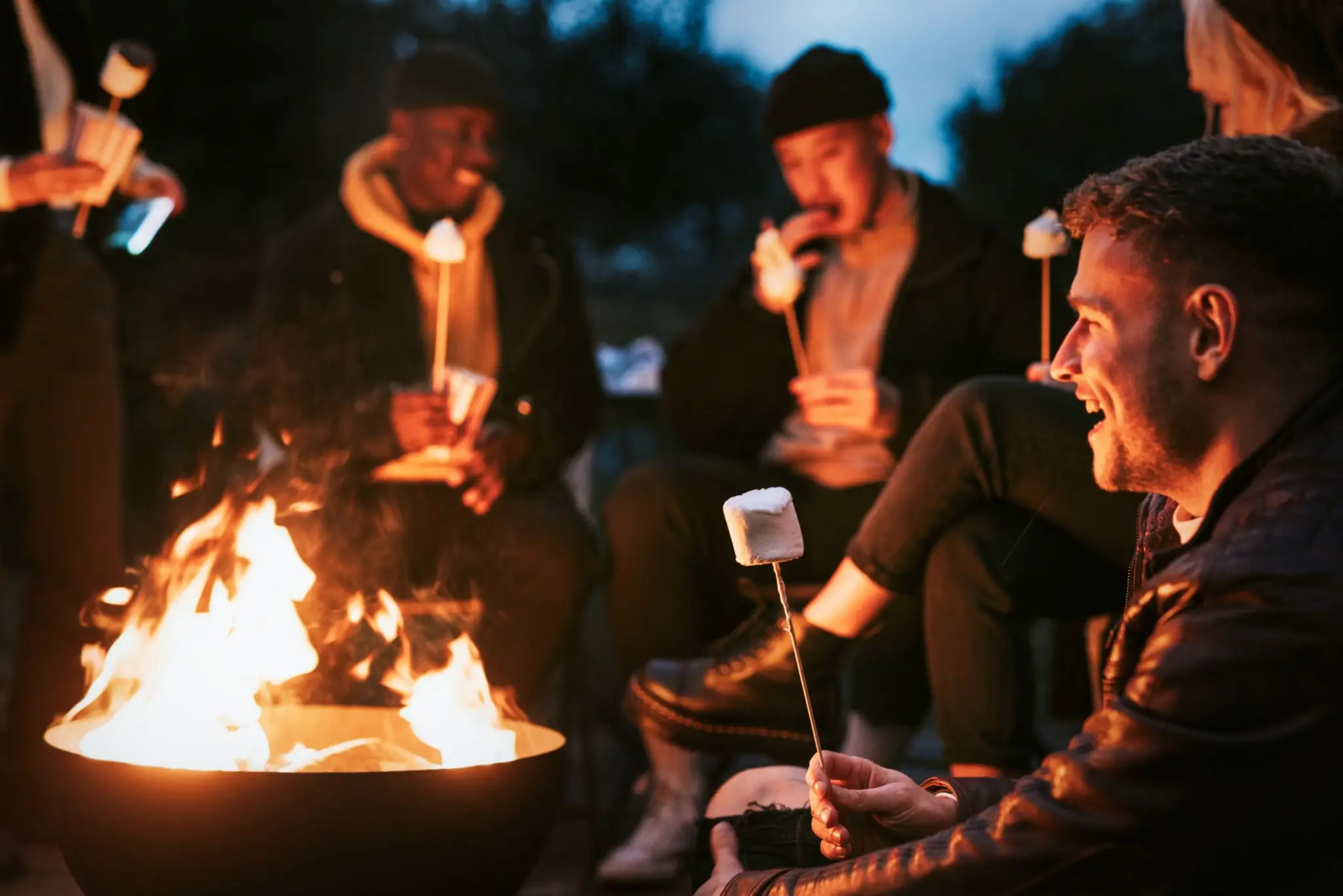 People roasting marshmallows around campfire at night