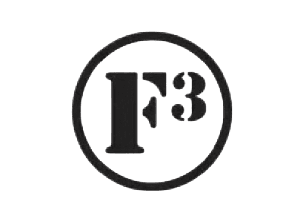Circular F3 logo on dark background