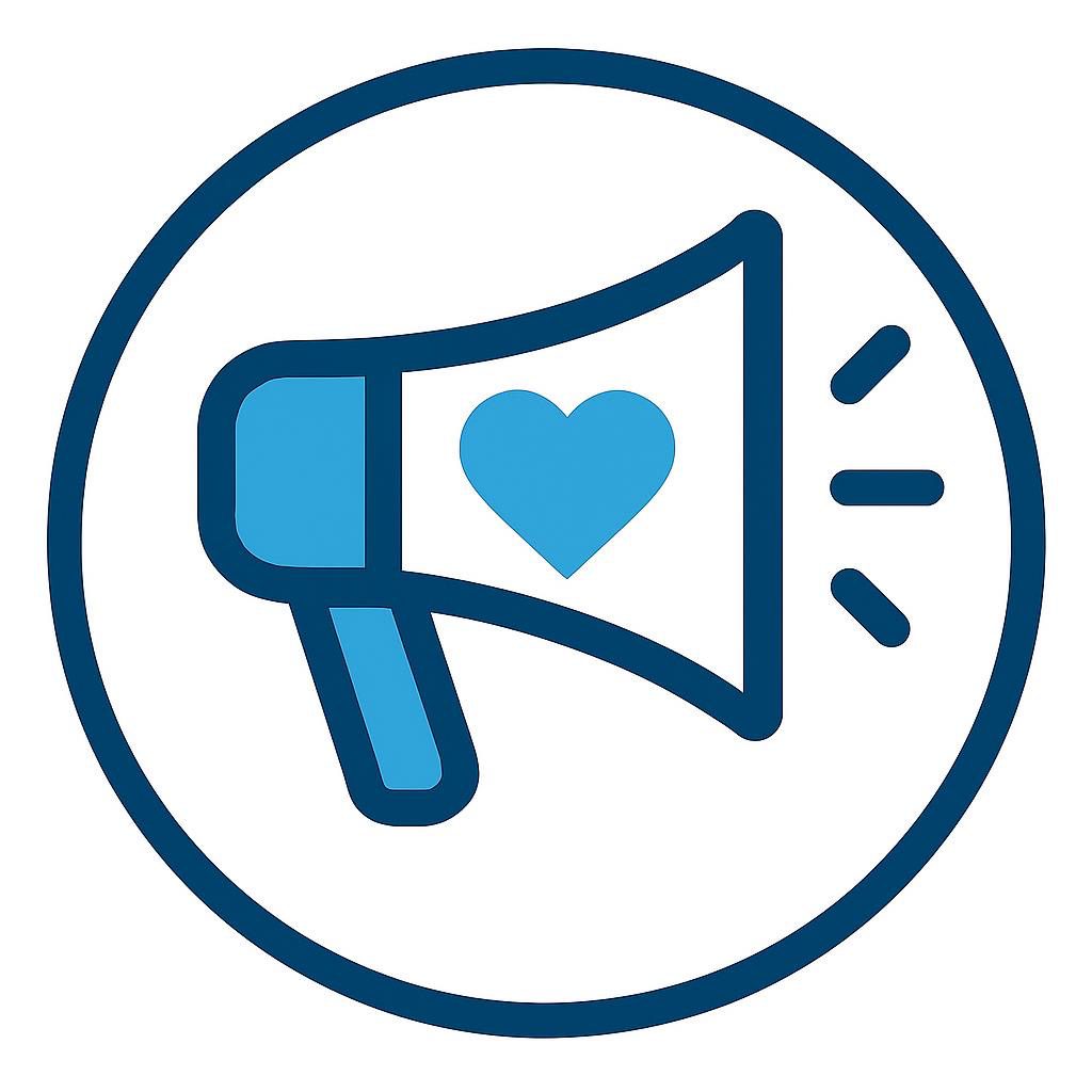 Blue megaphone with heart icon in circle