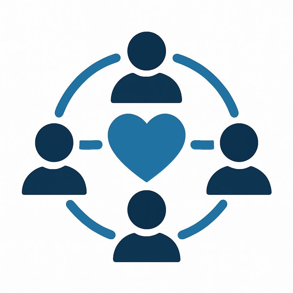 Four people connected around heart icon