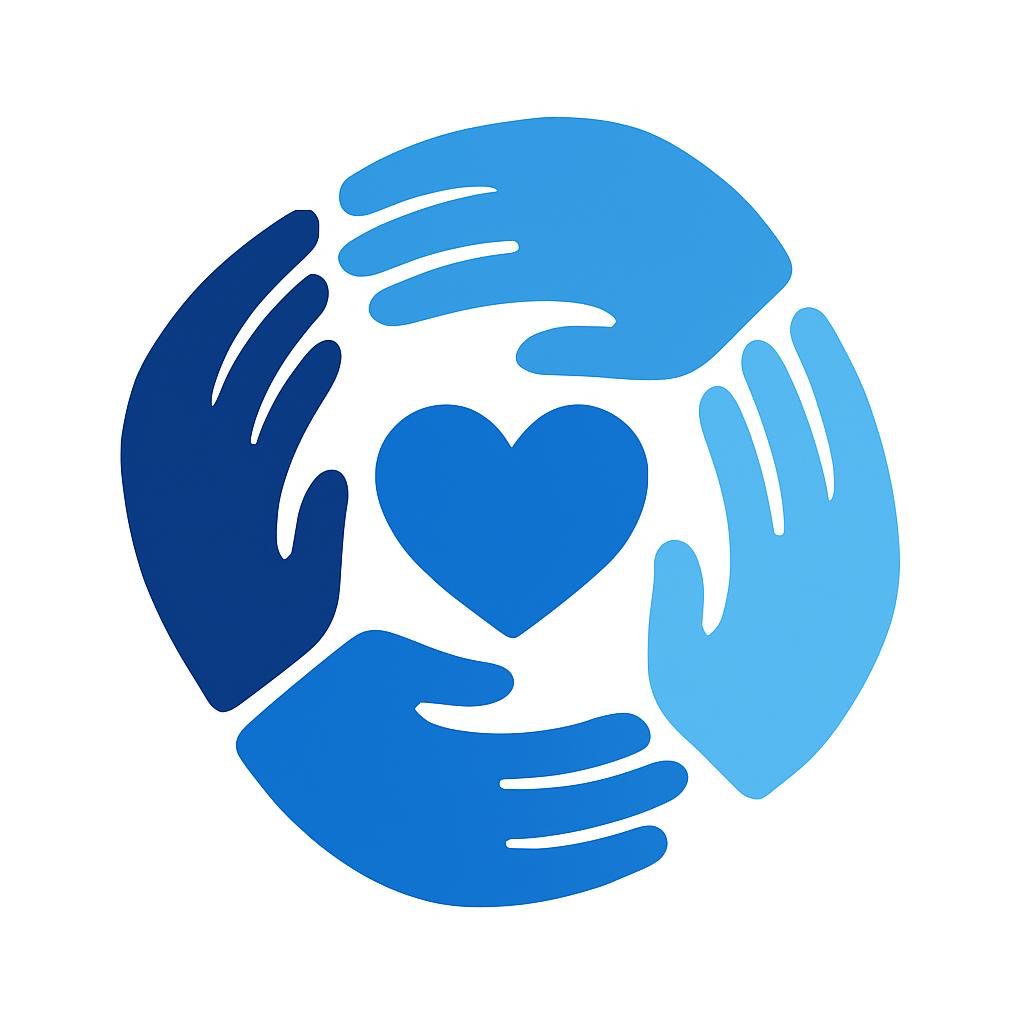 Four blue hands forming circle around heart
