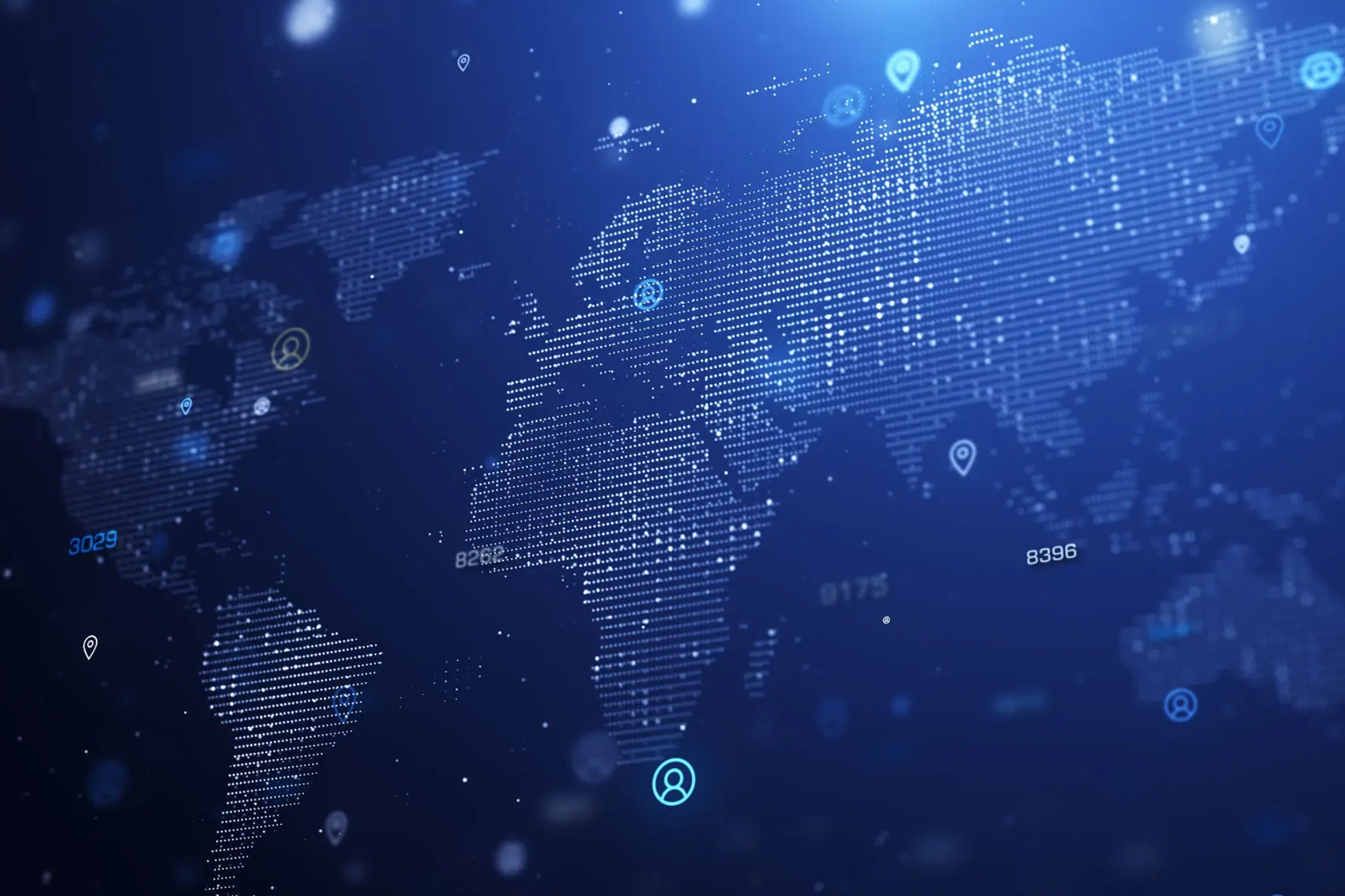 Digital world map with network location icons