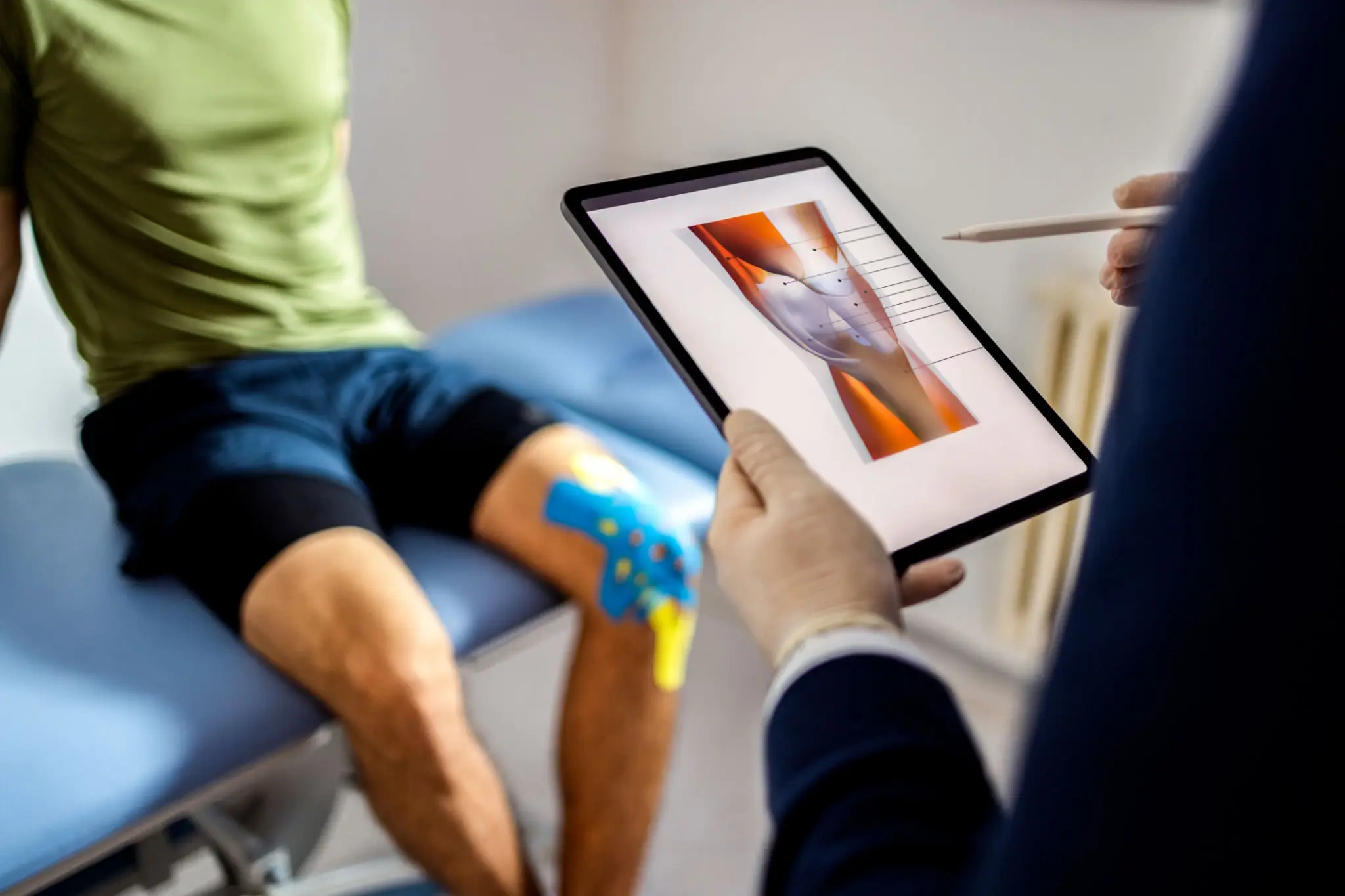 Clinician reviewing patient's taped knee on tablet