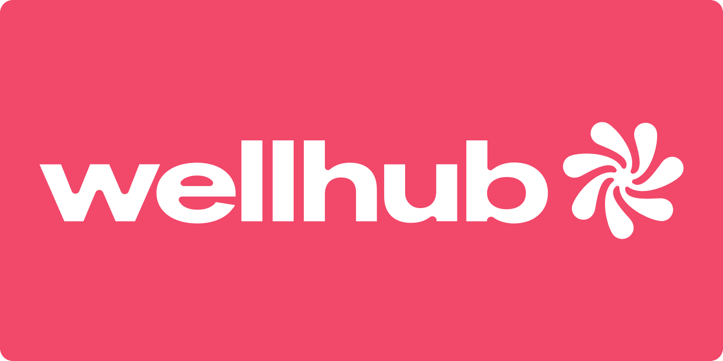 White Wellhub logo on pink background