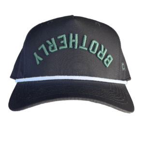 Black baseball cap with green "BROTHERLY" embroidery