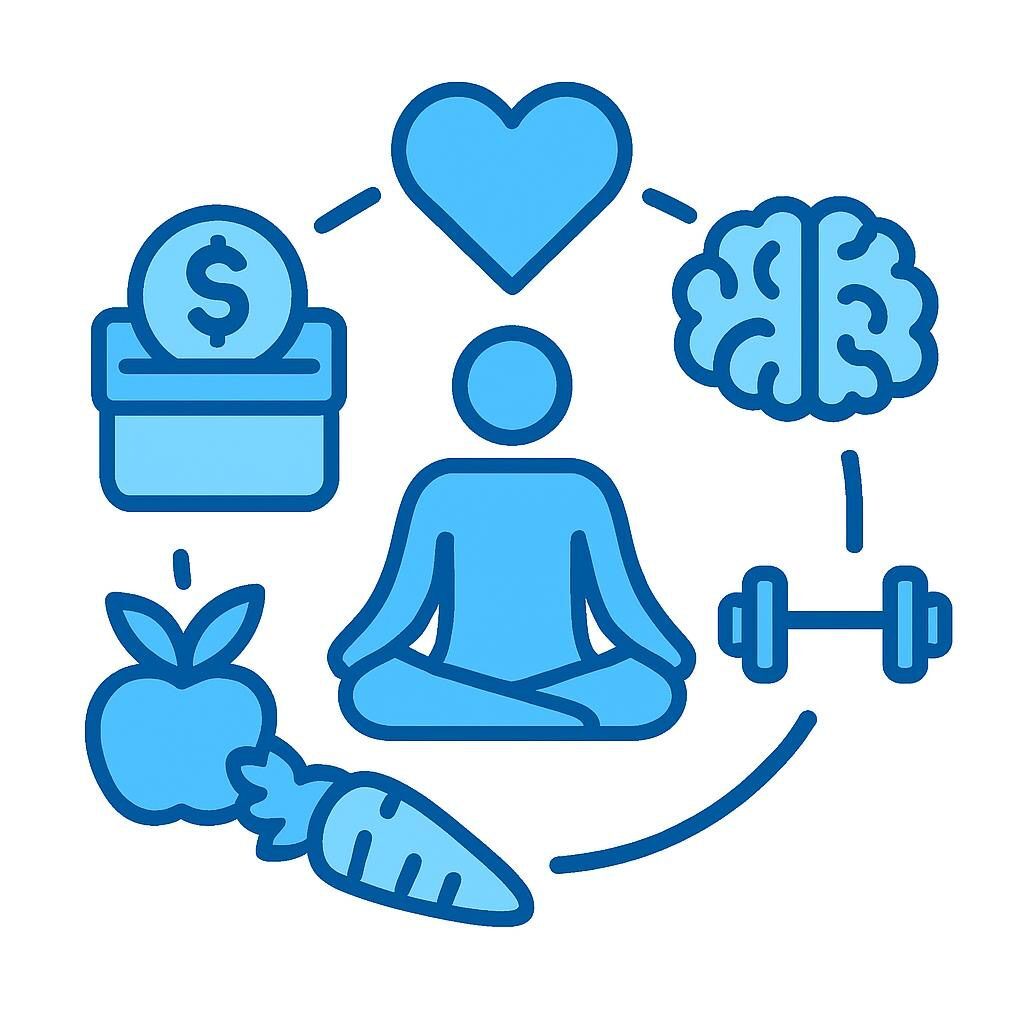Person meditating surrounded by health and wellness icons